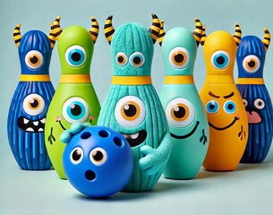 Six friendly monster shaped pins and a soft bowling ball Improve