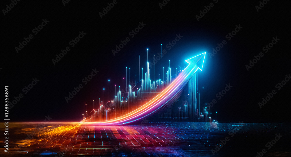 Poster a vibrant, neon arrow streaks upwards against a dark backdrop, representing growth and progress with
