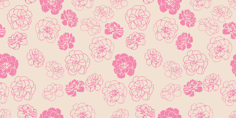 Pink abstract shapes buttercups, pansies flowers seamless pattern on a light background. Contour silhouettes, lines, outlined floral print. Vector hand drawn. Plain nature ornament for designs