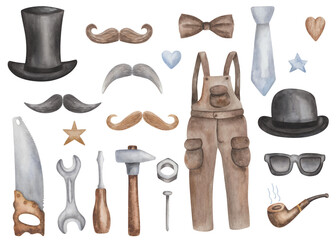Watercolor set of illustrations. Hand painted man tools. Saw, hammer, nail, screw driver, turn screw, overall. Black top hat, bowler. Moustaches, smoking pipe, sunglasses, bow tie. Isolated clip art