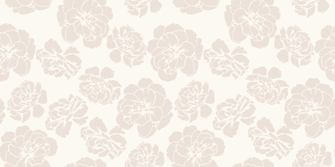 Pastel beige seamless pattern with abstract shapes buttercups, pansies. Monochrome contour silhouettes flowers print. Vector hand drawn. Plain nature ornament for designs