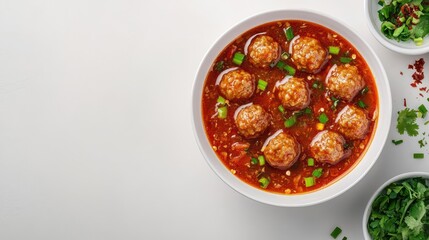 Top view of a bowl of fish ball soup with green onions on a clean white background, leaving space around for copy.