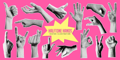 Set of dotted halftone hand gesture, finger pointing, touch, click or tap, comic magazine sticker, retro grunge newspaper cutout and contemporary y2k doodle pop art with torn paper. Woman hand symbol.