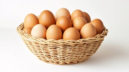 Fresh Brown Eggs in a Rustic Woven Basket on a White Background