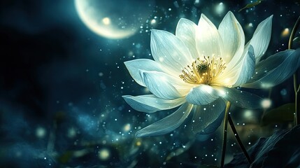 A single glowing flower illuminated by moonlight in a dark forest. Its soft light contrasts with the shadowy environment, creating an ethereal and tranquil mood. Generative AI