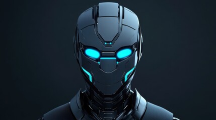 A futuristic robot head with glowing blue eyes, set against a dark background, showcasing advanced design and technology.