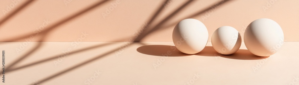 Aufkleber three white eggs sit on a smooth surface, casting soft shadows against a light peach backdrop, creat