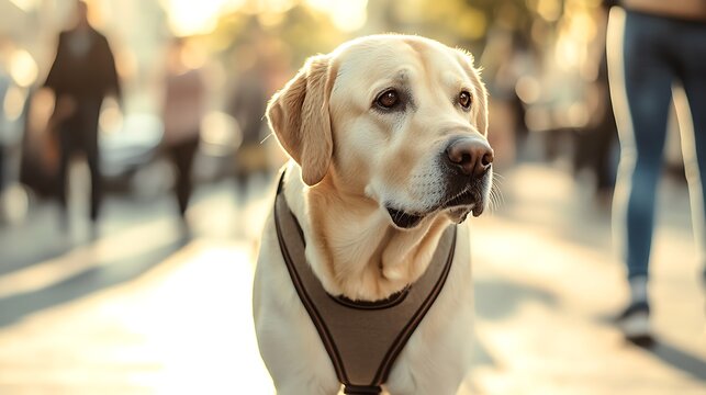 Golden Labrador Dog Sitting in Sunlit Street / 陽の差す通りに座る金色のラブラドール犬