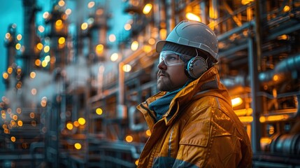Industrial worker wearing a hard hat and mask at night, observing a brightly lit refinery with glowing structures and rising smoke.