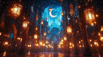 Naklejka premium Majestic Hallway Illuminated by Hanging Lanterns with a Crescent Moon and Starry Sky, Creating a Dreamlike Atmosphere of Tranquility and Spirituality
