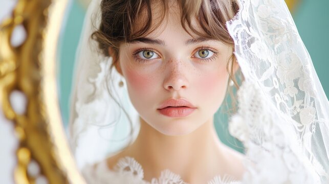 Close up of a bride looking at herself in the mirror, wedding veil gently touching her shoulders, deep anticipation and joy