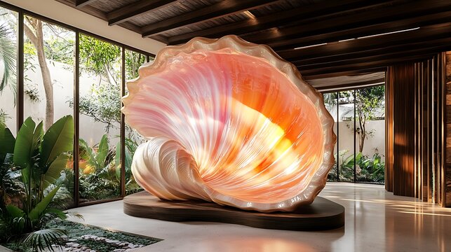 there is a large shell sculpture in a room with a plant