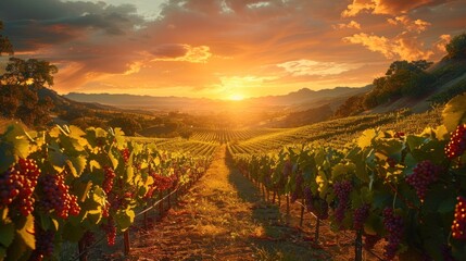Morning sunlight illuminating ripe grapes on a vine, with rows of vineyards stretching into the distance, capturing the essence of a fruitful harvest in a tranquil countryside.