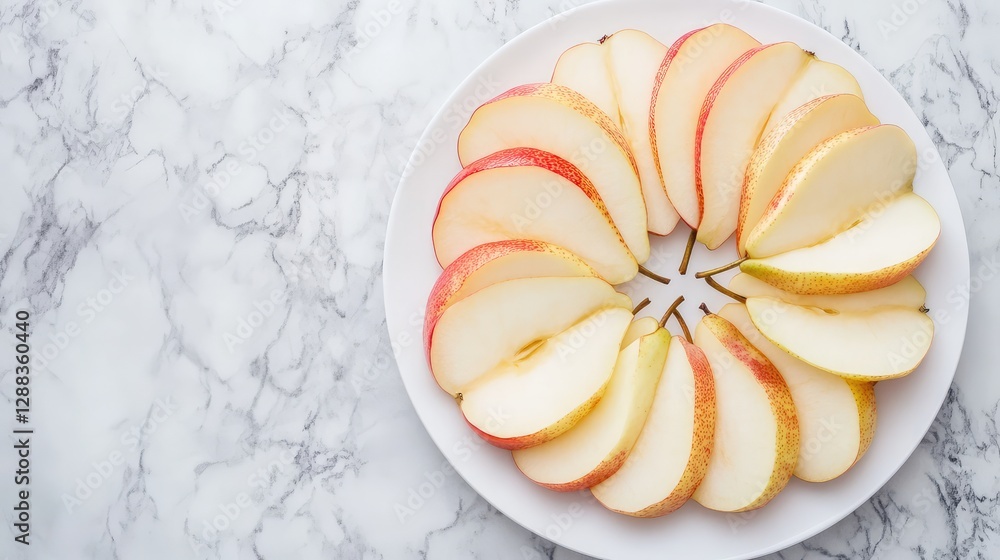 Aufkleber top view of fresh pear slices neatly arranged in a circle on a white plate with ample space around f