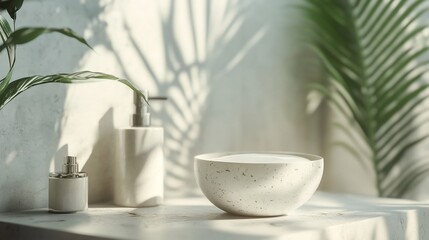 Serene spa bowl, lotion, plants, sunlight