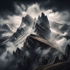 Stormborn Peaks Rugged mountains cloaked in a heavy fog their ja