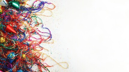 Top view of party hats, beads, and colorful streamers scattered across a table, with clear space for text.