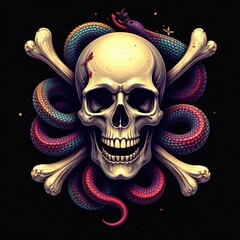 Fototapeta premium Skull and crossbones on black background with a skull surrounded by snakes, deadly creatures, venom, snake bite