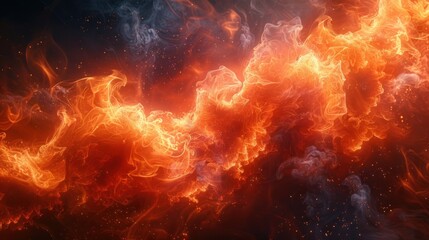 Fototapeta premium Vivid and dynamic orange flames swirling on a black background, creating an intense and fiery texture.