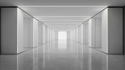 A spacious, minimalist corridor with sleek white walls and bright lighting, leading towards a distant light source, creating a sense of depth and serenity.