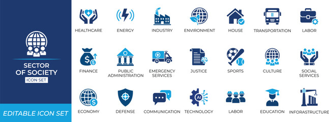 Sector of society icon set. Solid vector Editable icons collection.