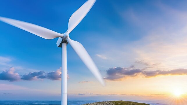 A wind turbine stands tall against a vibrant sky, capturing renewable energy as the sun sets on the horizon.