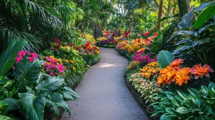 A lush tropical garden with a winding pathway surrounded by vibrant flowers and dense greenery. The scene feels like an exotic escape into nature's beauty. Generative AI
