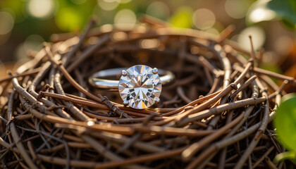 Diamond ring resting in twig nest, beauty of nature and elegance