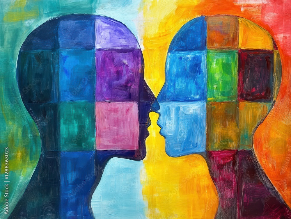 Poster abstract colorful painting of two intertwined heads, symbolizing connection and unity of minds