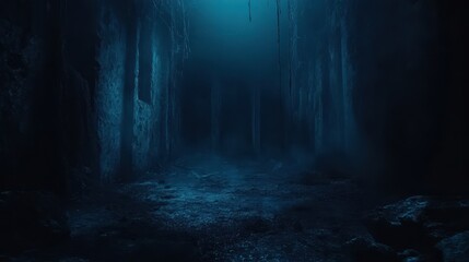 Naklejka premium Dark Mysterious Forest Path Night Moody Atmosphere Blue Light