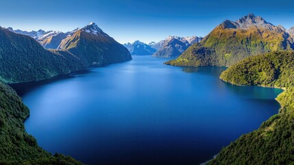 Naklejka premium Earth day environmental concept. Breathtaking views of serene lake surrounded by majestic mountains and clear blue skies.