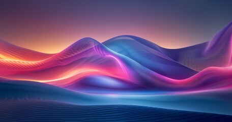 A surreal digital artwork depicting a futuristic landscape of desert landscape with smooth, flowing waves illuminated by vibrant pink, blue, and orange lighting