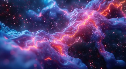 A digital artwork depicting a futuristic landscape with electric storm, glowing energy, lightning and electrical discharges, currents flowing through rugged, abstract terrain in neon blue and orange