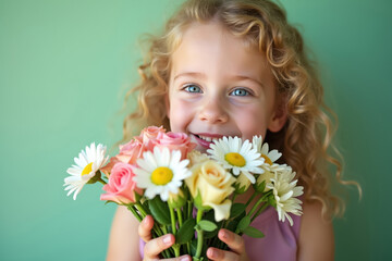 Curly blonde girl with a bouquet of flowers, on green background. Child smelling flowers.