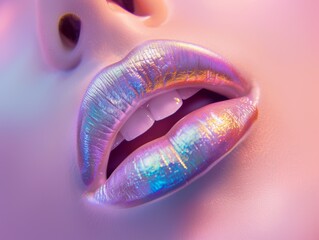 Macro shot of glossy iridescent lips with shimmering metallic colors, reflecting neon lighting in a futuristic and artistic beauty concept