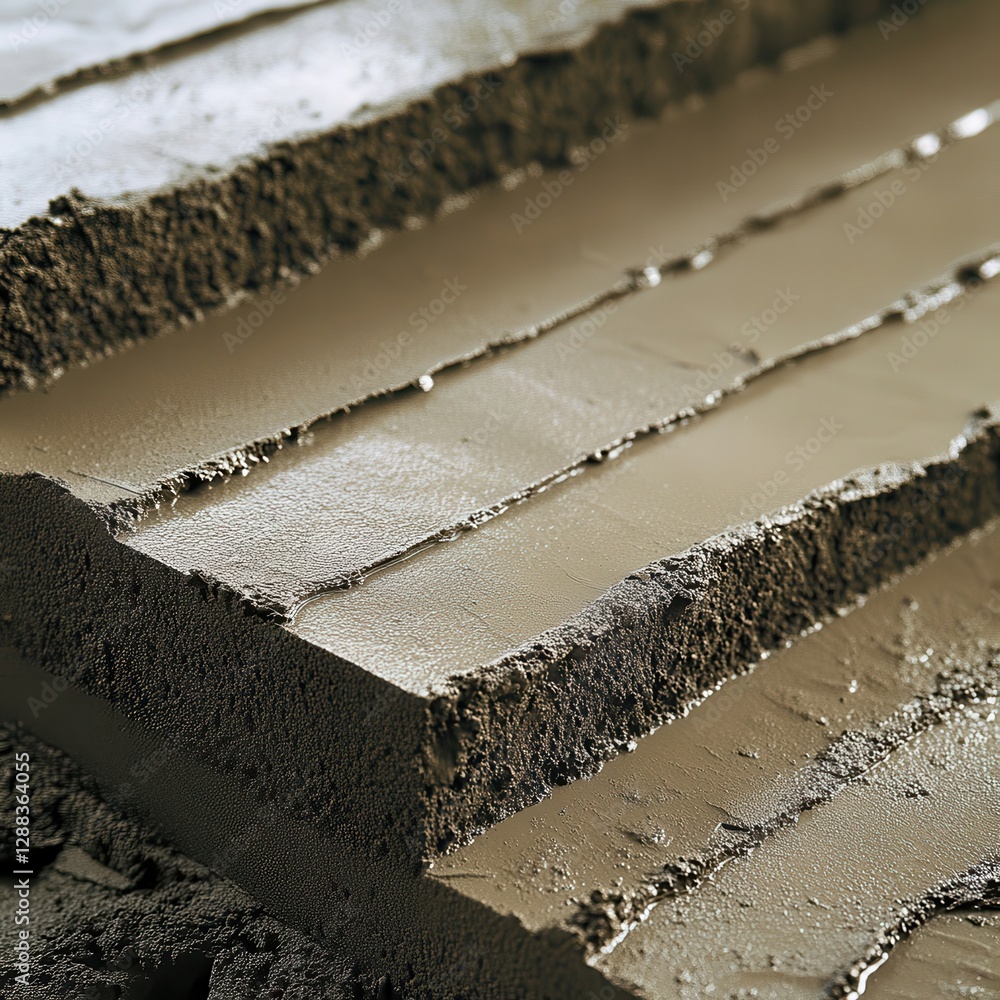 Poster a close-up view of layered, wet concrete showcasing smooth textures and aligned edges, capturing the