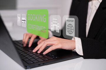 Business booking confirmation online digital service buy flight check order hotel travel concept