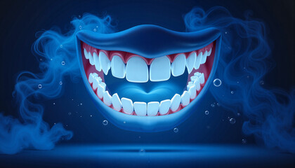 Naklejka premium Mischievous cartoon mouth grinning against deep blue mist, playful allure