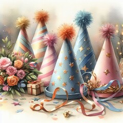 Obraz premium Watercolor Party Hat Still Life A collection of colorful party h