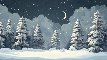 Fototapeta premium A painting of a snowy forest with trees and a path. 