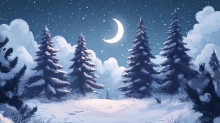 A painting of a snowy forest with trees and a path.
