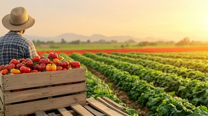 Earth day environmental idea. A farmer seated near a crate of ripe tomatoes in a vast field at sunset.