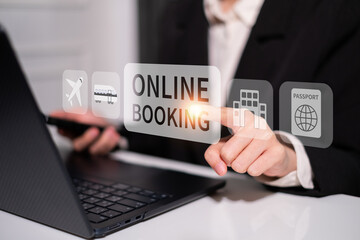 Businessman online booking laptop smartphone digital cyberspace travel technology concept