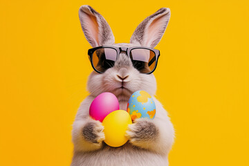 rabbit is wearing sunglasses and holding three eggs in its mouth. The rabbit is standing on a yellow background