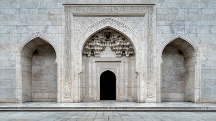 Fototapeta premium Ornate Mosque Entrance, White Stone, Architectural Detail