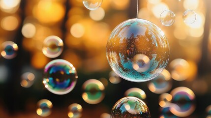 Earth day environmental concept. Colorful soap bubbles floating in a soft, dreamy background, capturing moments of joy.
