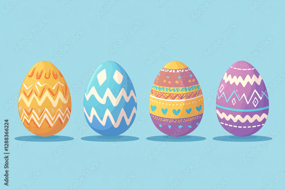 Poster four colorful eggs with different patterns and designs. the eggs are arranged in a row, with the fir