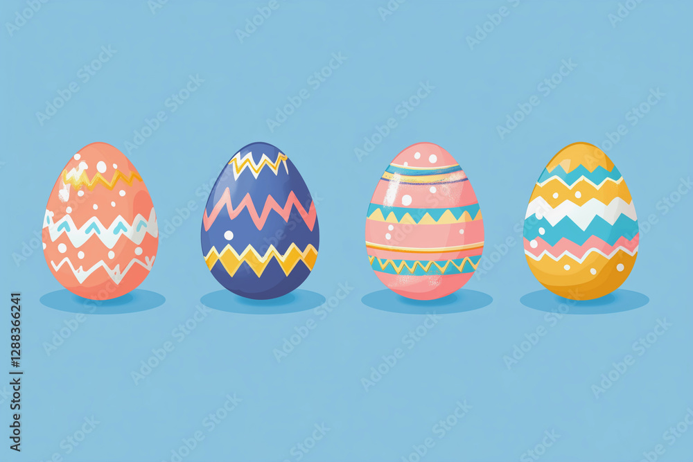 Poster four colorful eggs with different patterns and designs. the eggs are arranged in a row on a blue bac