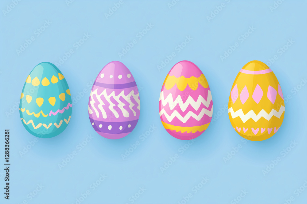 Poster four painted eggs with different colors and patterns. the eggs are arranged in a row on a blue backg