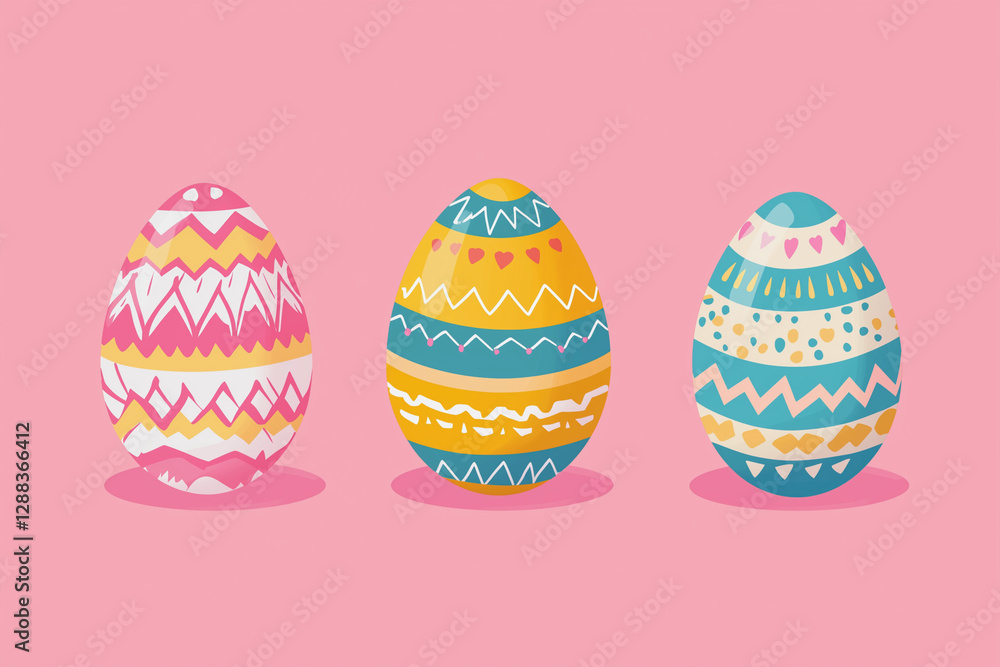 Poster three painted eggs with different colors and patterns. the eggs are arranged in a row on a pink back